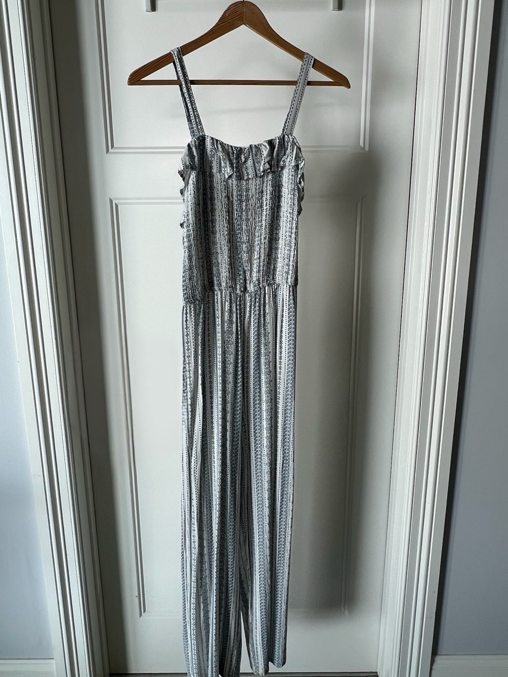 Striped Ruffle-Neck Jumpsuit in White & Gray
